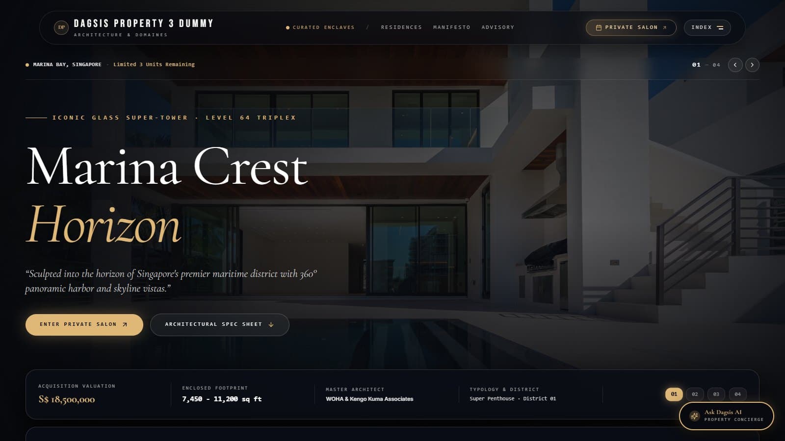 Dagsis Property 3 Dummy homepage showcasing Marina Crest Horizon and private viewing options.